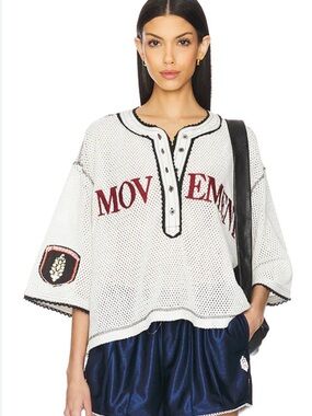 Free People Movement Mesh Polo Top - White with Burgundy Lettering